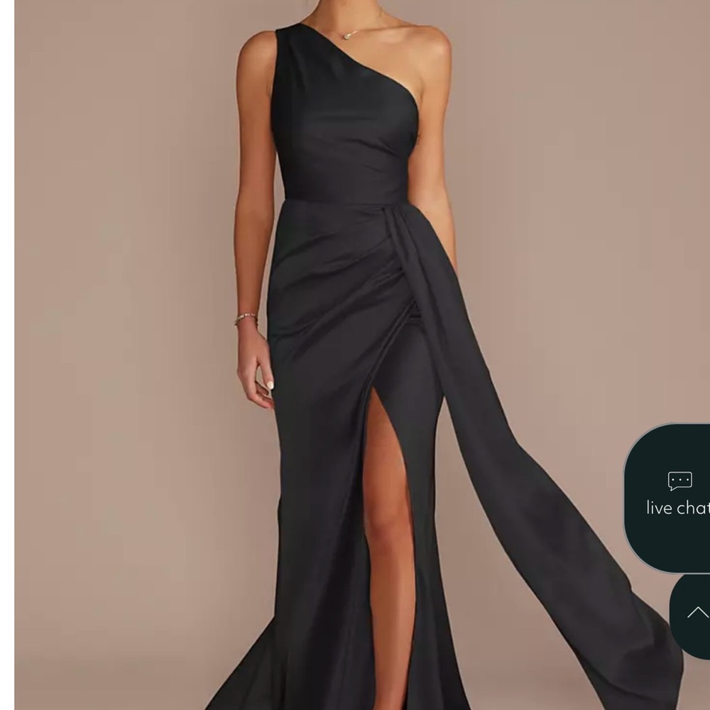 David’s Bridal Galina Signature Stretch Satin Black One-Shoulder Evening Dress